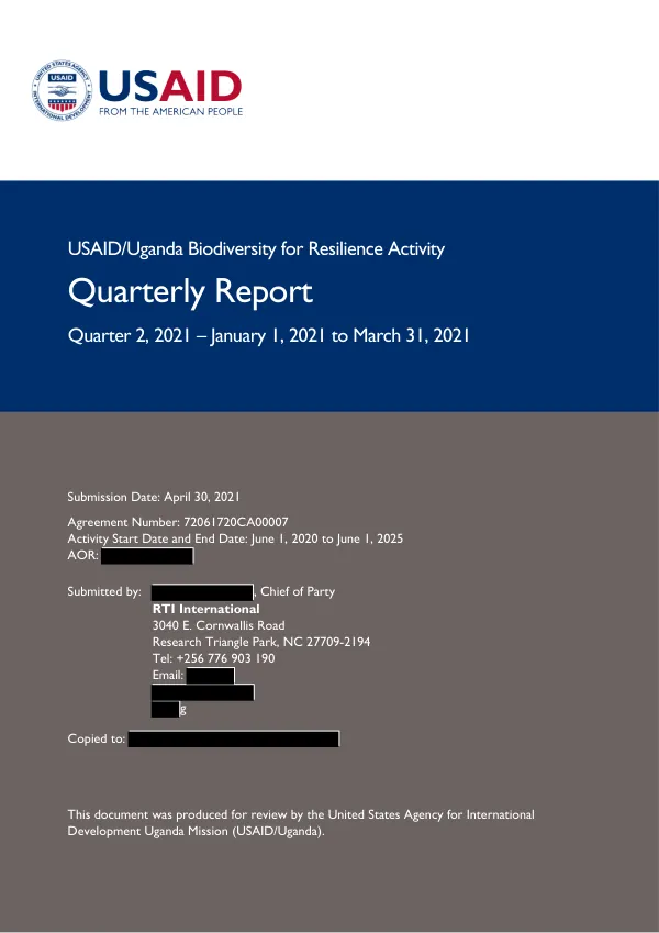 USAID/Uganda Biodiversity for Resilience Activity Quarterly Report