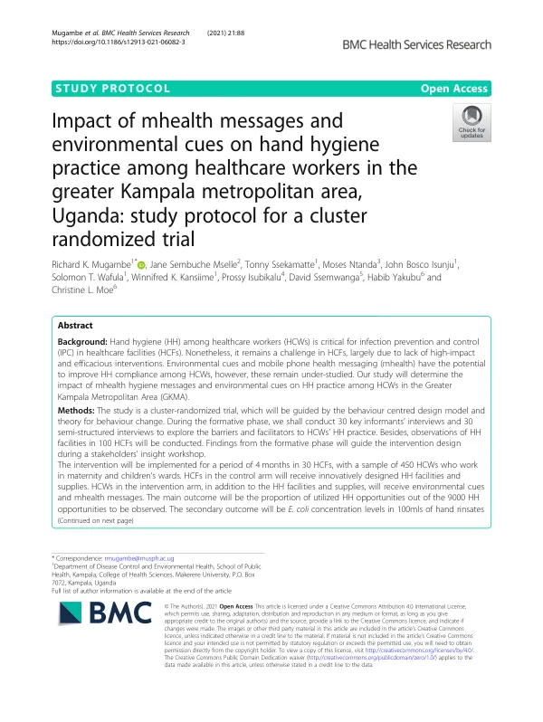 Impact of mhealth messages and environmental cues on hand hygiene practice among healthcare workers in the greater Kampala metropolitan area, Uganda: study protocol for a cluster randomized trial