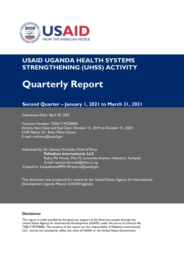 USAID Uganda Health Systems Strengthening (UHSS) Activity Quarter Two Report
