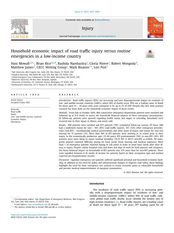Household economic impact of road traffic injury versus routine emergencies in a low-income country
