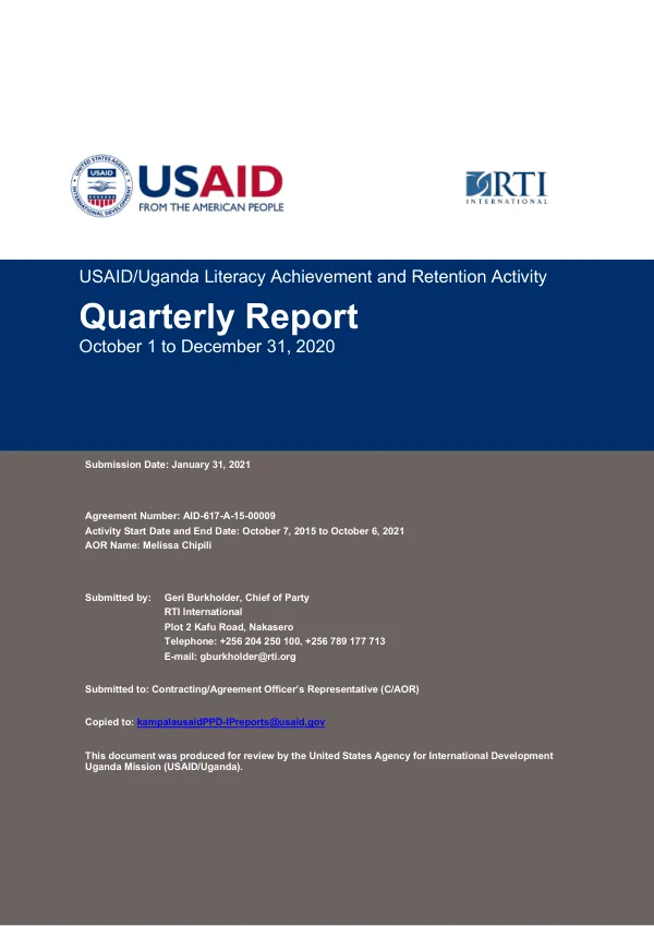 USAID/Uganda Literacy Achievement and Retention Activity Quarterly Report (October 1–December 31, 2020)
