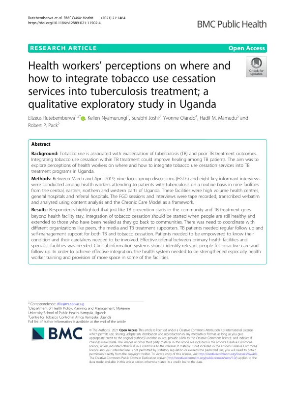 Health workers’ perceptions on where and how to integrate tobacco use cessation services into tuberculosis treatment; a qualitative exploratory study in Uganda