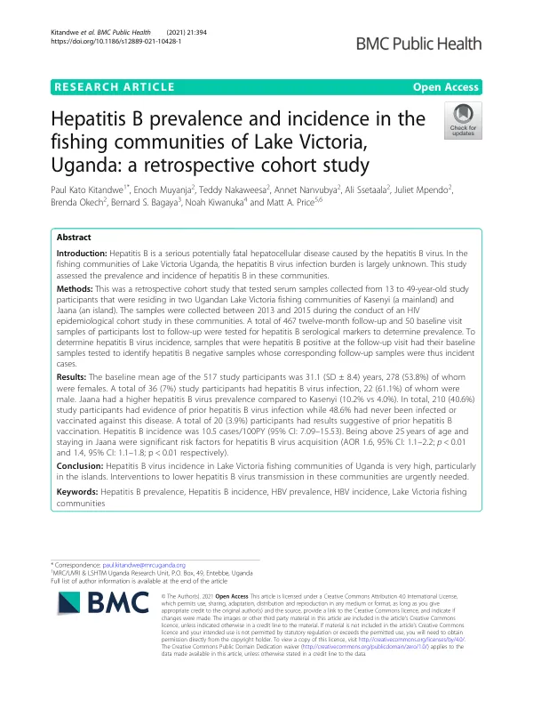 Hepatitis B prevalence and incidence in the fishing communities of Lake Victoria, Uganda: a retrospective cohort study
