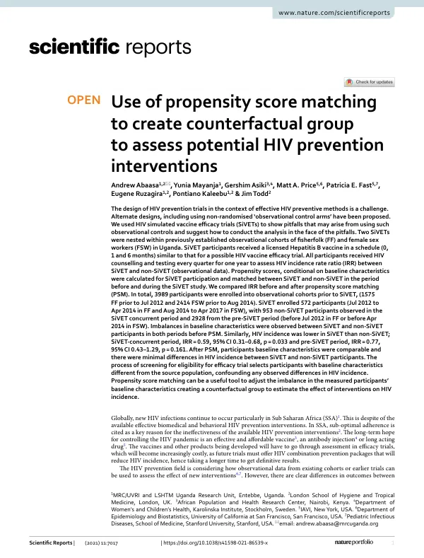 Use of propensity score matching to create counterfactual group to assess potential HIV prevention interventions