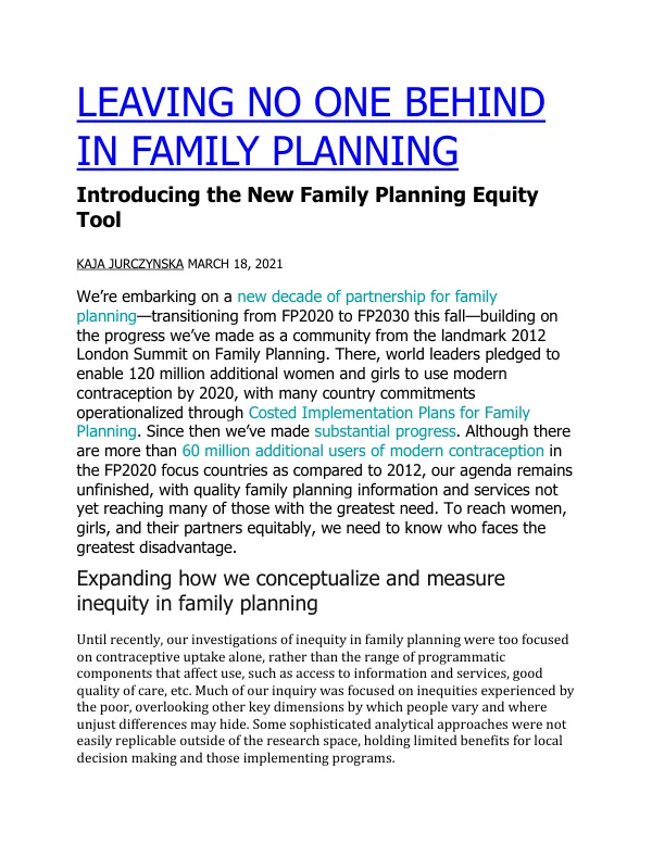Final Report: Expanding How We Conceptualize and Measure Inequity in Family Planning