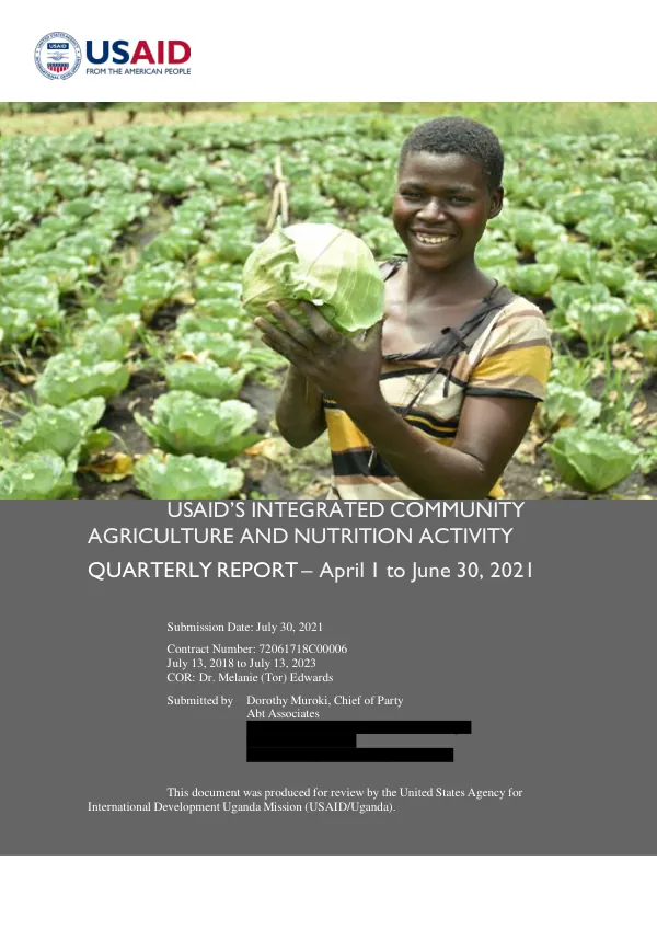 USAID's Integrated Community Agriculture and Nutrition Activity in Uganda Quarterly Report – April 1 to June 30, 2021