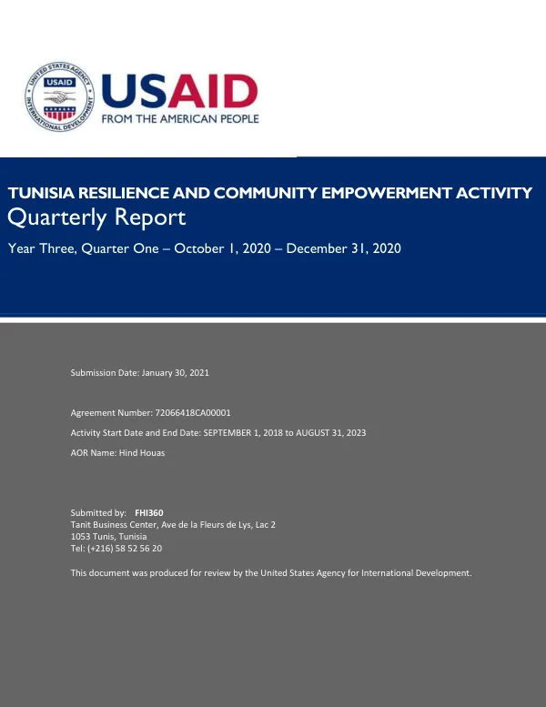 Tunisia Resilience and Community Empowerment Activity Quarterly Report Year Three, Quarter One – October 1, 2020 – December 31, 2020