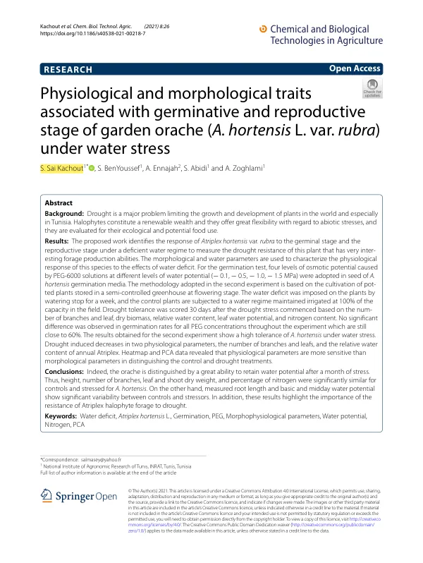 Physiological and morphological traits associated with germinative and reproductive stage of garden orache (A. hortensis L. var. rubra) under water stress
