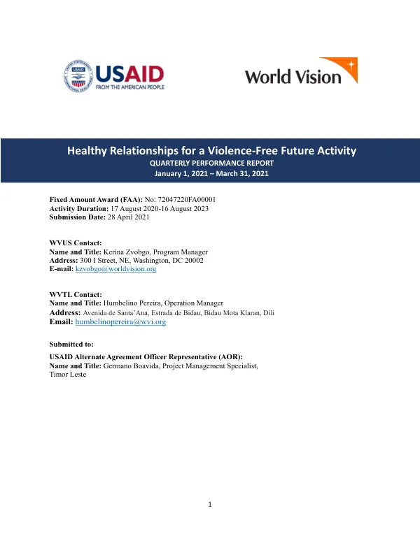 Quarterly Performance Report: Healthy Relationships for a Violence-Free Future Activity
