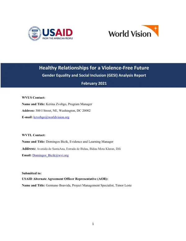 Healthy Relationships for a Violence-Free Future: Gender Equality and Social Inclusion (GESI) Analysis Report
