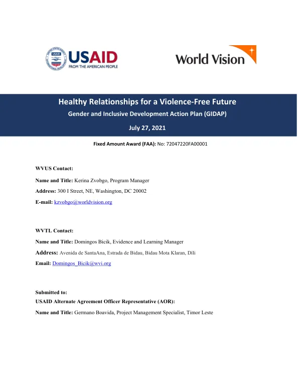 Gender and Inclusive Development Action Plan: Healthy Relationships for a Violence-Free Future