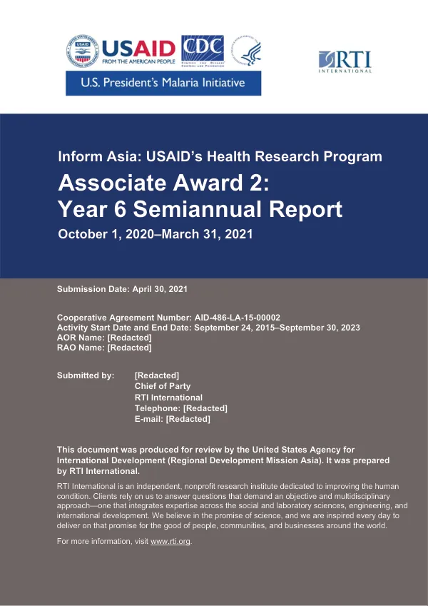 Inform Asia: USAID’s Health Research Program; Associate Award 2: Year 6, Semiannual Report, October 1, 2020–March 31, 2021
