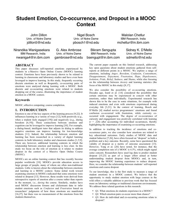 Student Emotion, Co-occurrence, and Dropout in a MOOC