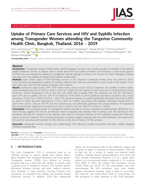 Uptake of Primary Care Services and HIV and Syphilis Infection among Transgender Women attending the Tangerine Community Health Clinic, Bangkok, Thailand, 2016 – 2019
