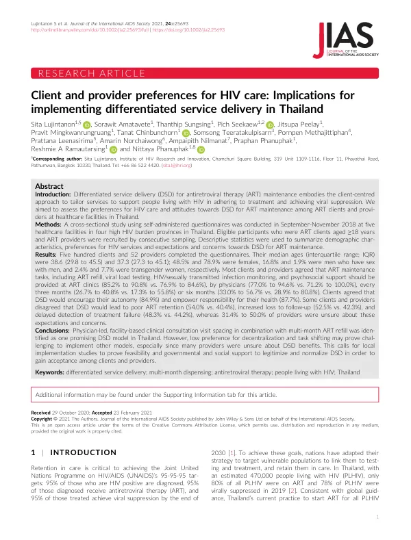 Client and provider preferences for HIV care: Implications for implementing differentiated service delivery in Thailand