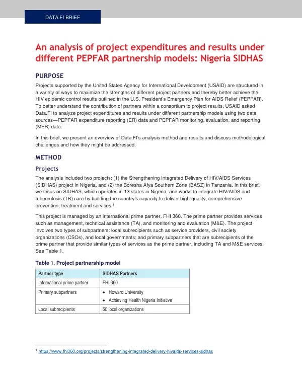 An analysis of project expenditures and results under different PEPFAR partnership models: Nigeria SIDHAS