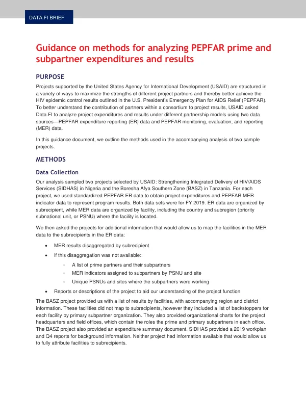 Guidance on methods for analyzing PEPFAR prime and subpartner expenditures and results