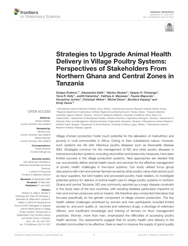 Strategies to Upgrade Animal Health Delivery in Village Poultry Systems: Perspectives of Stakeholders From Northern Ghana and Central Zones in Tanzania
