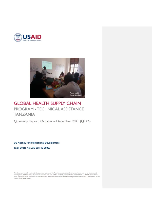 Global Health Supply Chain Program - Technical Assistance Quarterly Report: October – December 2021 (Q1Y6)