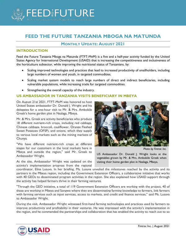 Feed the Future Tanzania Mboga na Matunda Monthly Update: August 2021