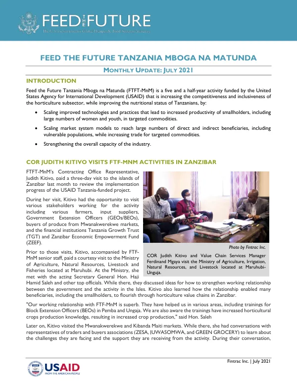 Feed the Future Tanzania Mboga na Matunda Monthly Update: July 2021