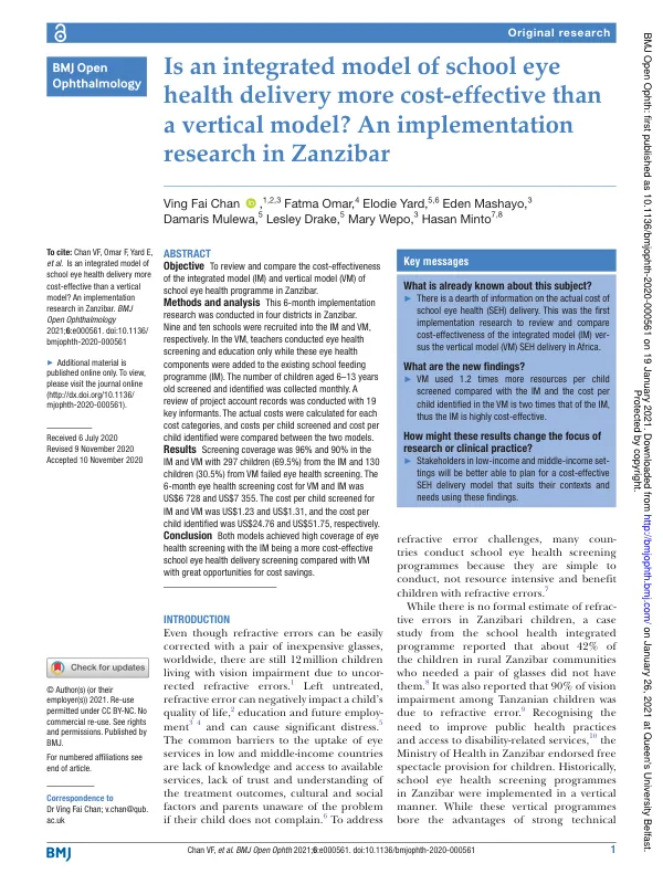 Is an integrated model of school eye health delivery more cost-effective than a vertical model? An implementation research in Zanzibar