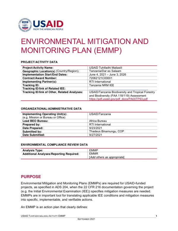 Environmental Mitigation and Monitoring Plan (EMMP) for USAID Tuhifadhi Maliasili Activity