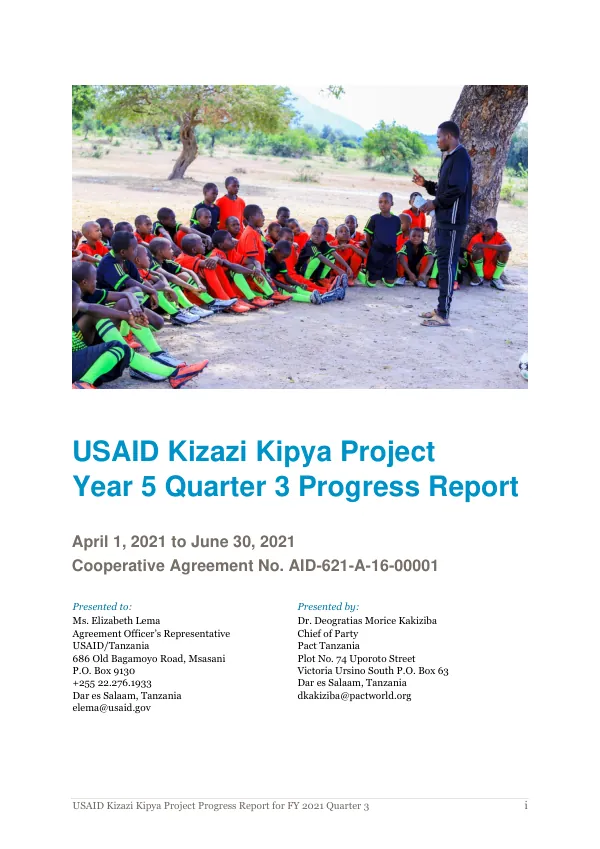 USAID Kizazi Kipya Project Progress Report for FY 2021 Quarter 3