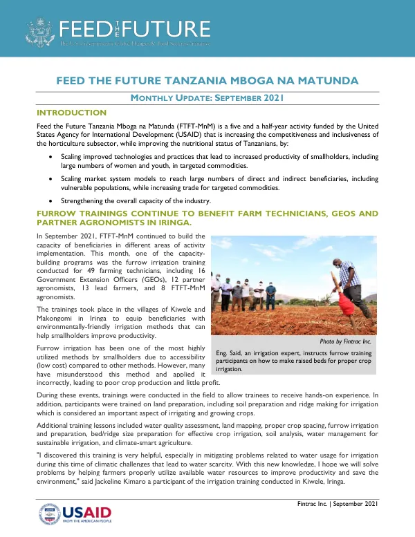 Feed the Future Tanzania Mboga na Matunda Monthly Update: September 2021
