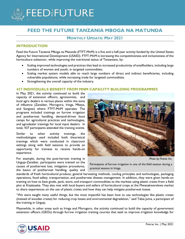 Feed the Future Tanzania Mboga na Matunda Monthly Update: May 2021