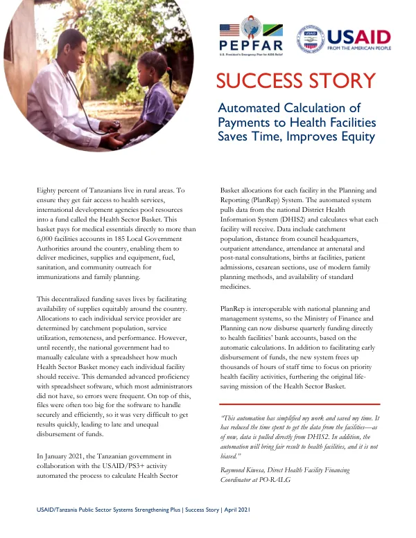 USAID/Tanzania Public Sector Systems Strengthening Plus Success Story April 2021