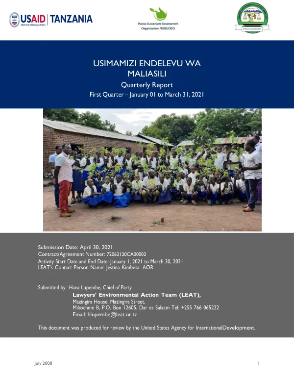 Quarterly Report: Usimamizi Endelevu wa Maliasili (First Quarter – January 01 to March 31, 2021)