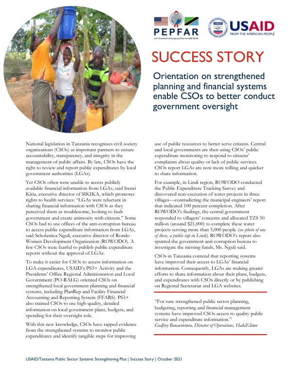 USAID/Tanzania Public Sector Systems Strengthening Plus Success Story October 2021