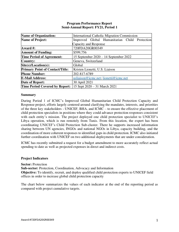 Program Performance Report: Semi-Annual Report FY21, Period 1