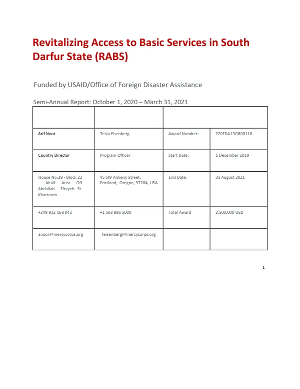 Revitalizing Access to Basic Services in South Darfur State (RABS) Semi-Annual Report: October 1, 2020 – March 31, 2021