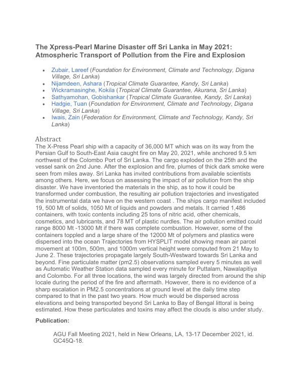 The Xpress-Pearl Marine Disaster off Sri Lanka in May 2021: Atmospheric Transport of Pollution from the Fire and Explosion