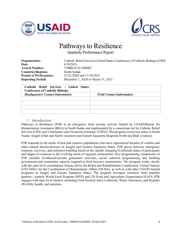 Quarterly Performance Report: Pathways to Resilience (P2R), South Sudan