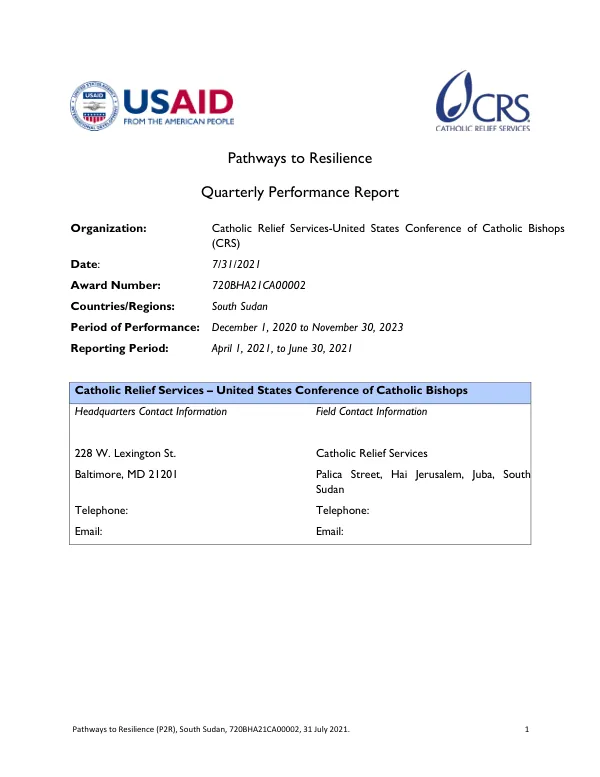 Quarterly Performance Report: Pathways to Resilience (P2R), South Sudan