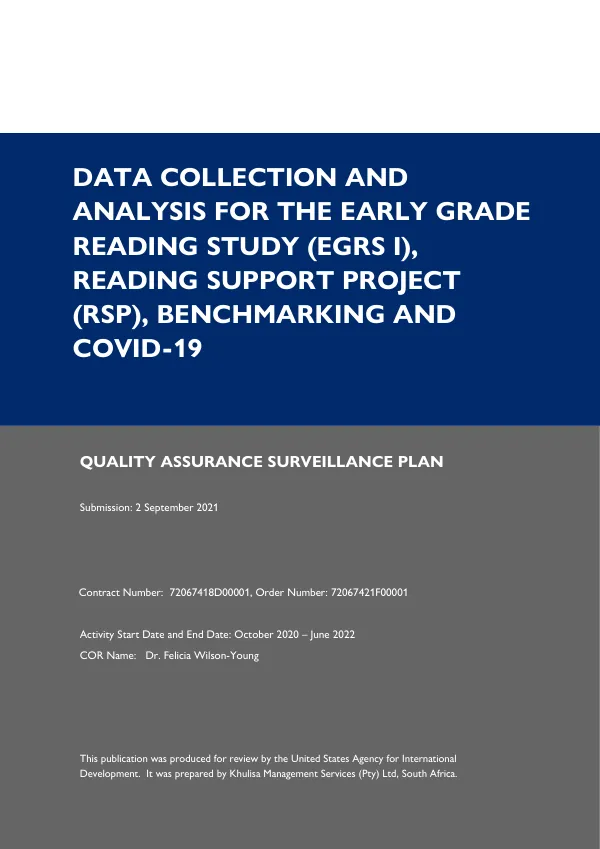 Quality Assurance Surveillance Plan for the Early Grade Reading Study (EGRS), the Reading Support Project (RSP) and Benchmarking