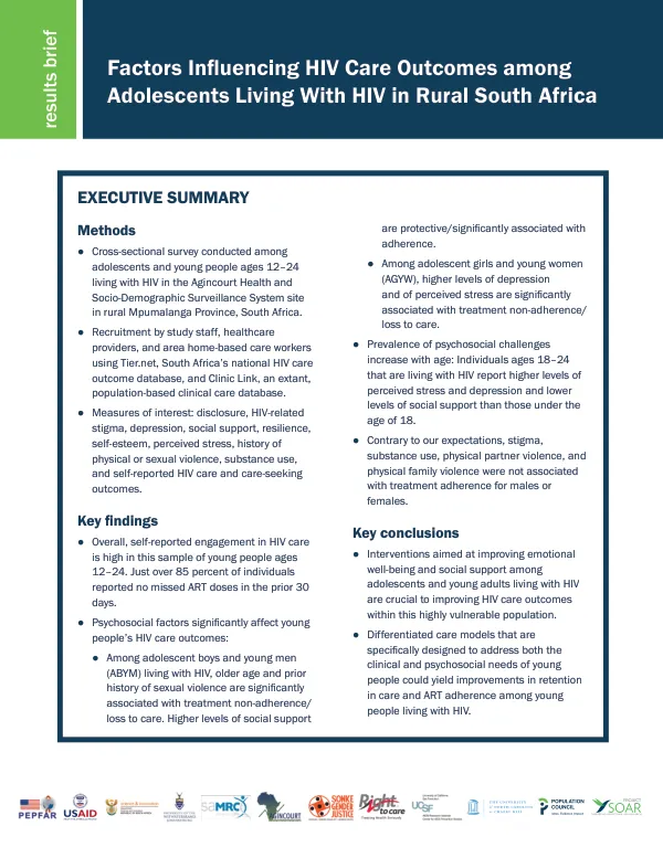 Factors Influencing HIV Care Outcomes among Adolescents Living With HIV in Rural South Africa