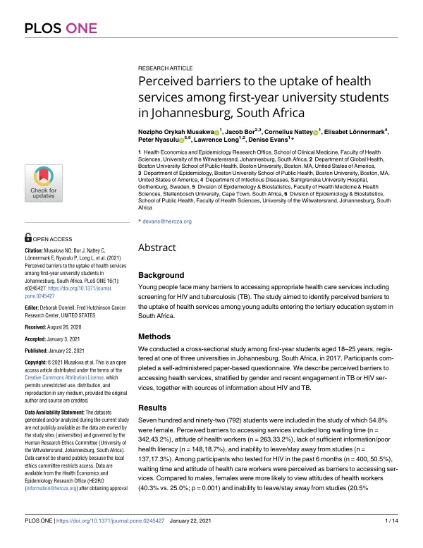 Perceived barriers to the uptake of health services among first-year university students in Johannesburg, South Africa