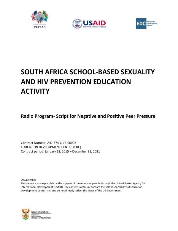 SOUTH AFRICA SCHOOL-BASED SEXUALITY AND HIV PREVENTION EDUCATION ACTIVITY