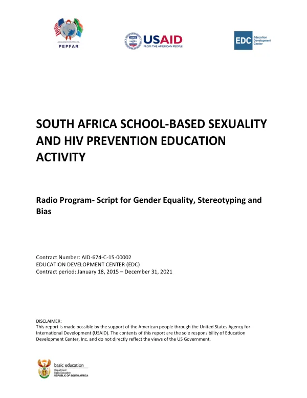 SOUTH AFRICA SCHOOL-BASED SEXUALITY AND HIV PREVENTION EDUCATION ACTIVITY