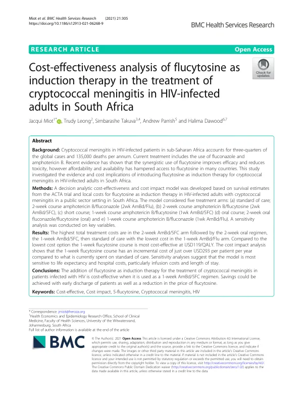 Cost-effectiveness analysis of flucytosine as induction therapy in the treatment of cryptococcal meningitis in HIV-infected adults in South Africa