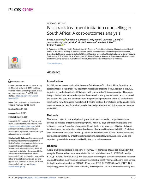 Fast-track treatment initiation counselling in South Africa: A cost-outcomes analysis