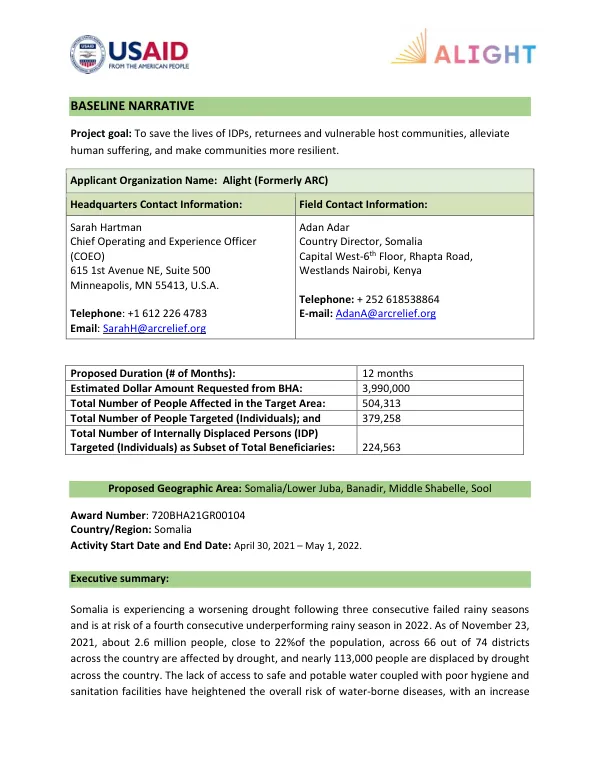 Baseline Narrative: Humanitarian Assistance to IDPs, Returnees, and Vulnerable Host Communities in Somalia