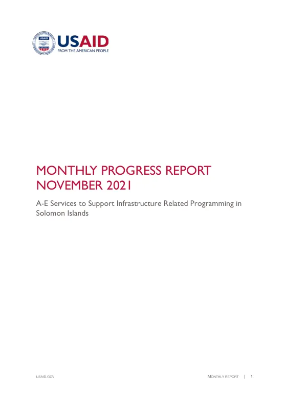Monthly Progress Report: A-E Services to Support Infrastructure Related Programming in Solomon Islands