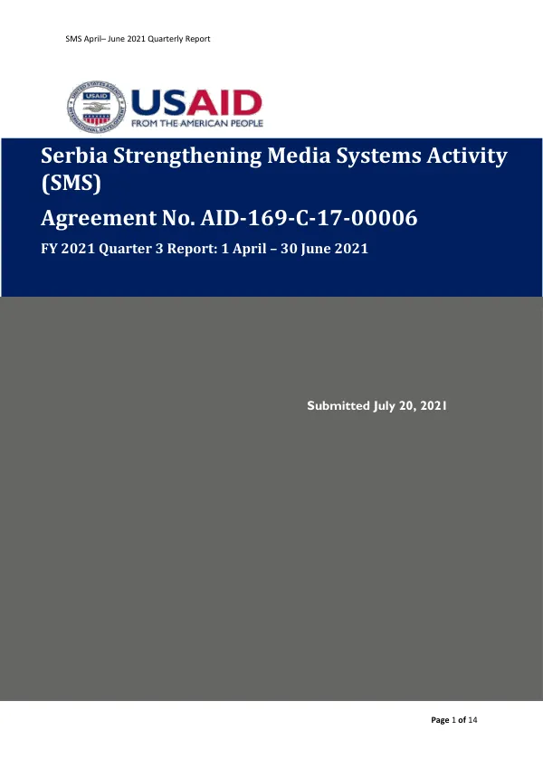 Serbia Strengthening Media Systems Activity FY 2021 Quarter 3 Report: 1 April – 30 June 2021