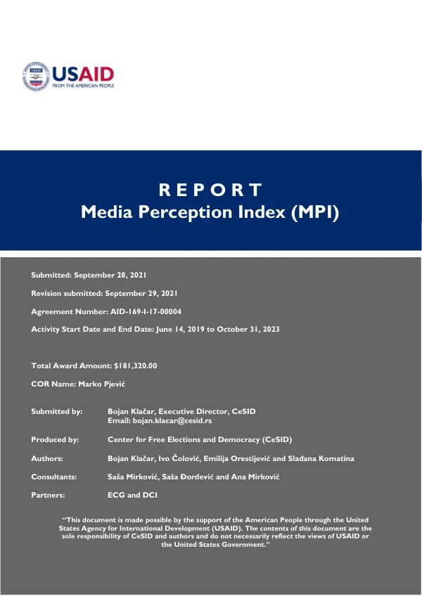 Media Perception Index (MPI) Report for Serbia 2021