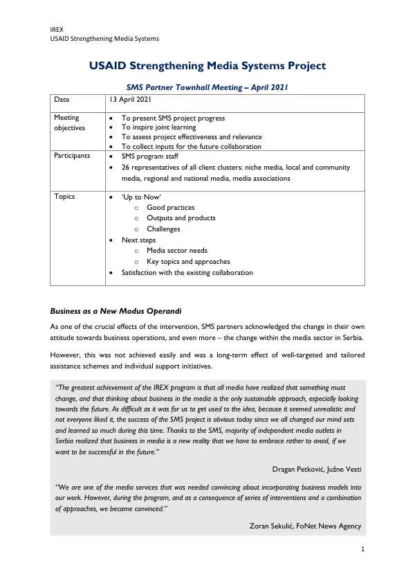 USAID Strengthening Media Systems Project: SMS Partner Townhall Meeting – April 2021